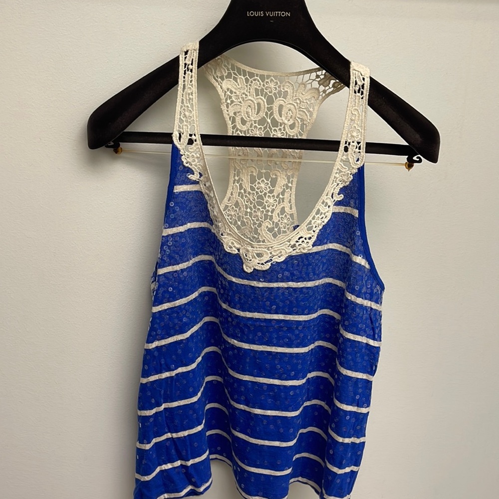 Express sequins lace racer back tank top creme and cobalt PS